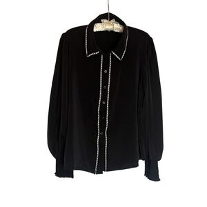 Laundry by Shelli Segal Satiny Top Sz XL Button Up Black Silver White Chic